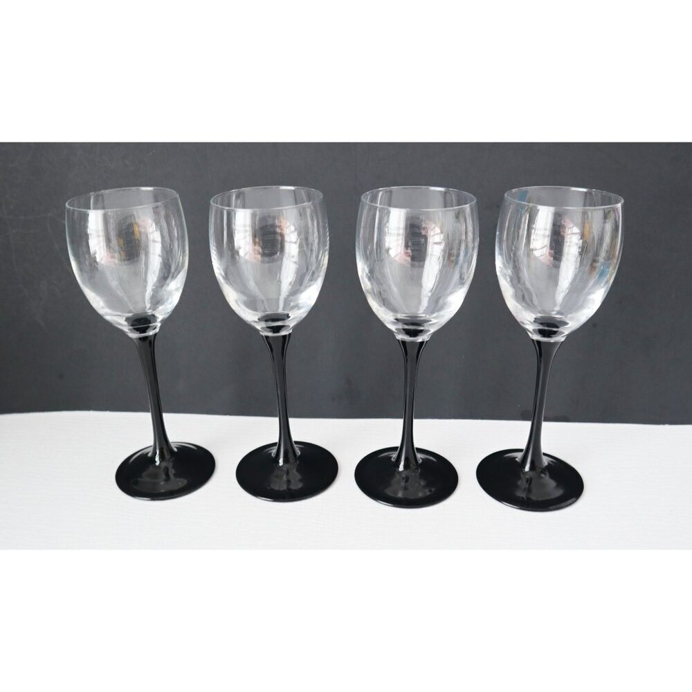 4 Vintage LUMINARC Black Stemmed Wine Glasses France Barware